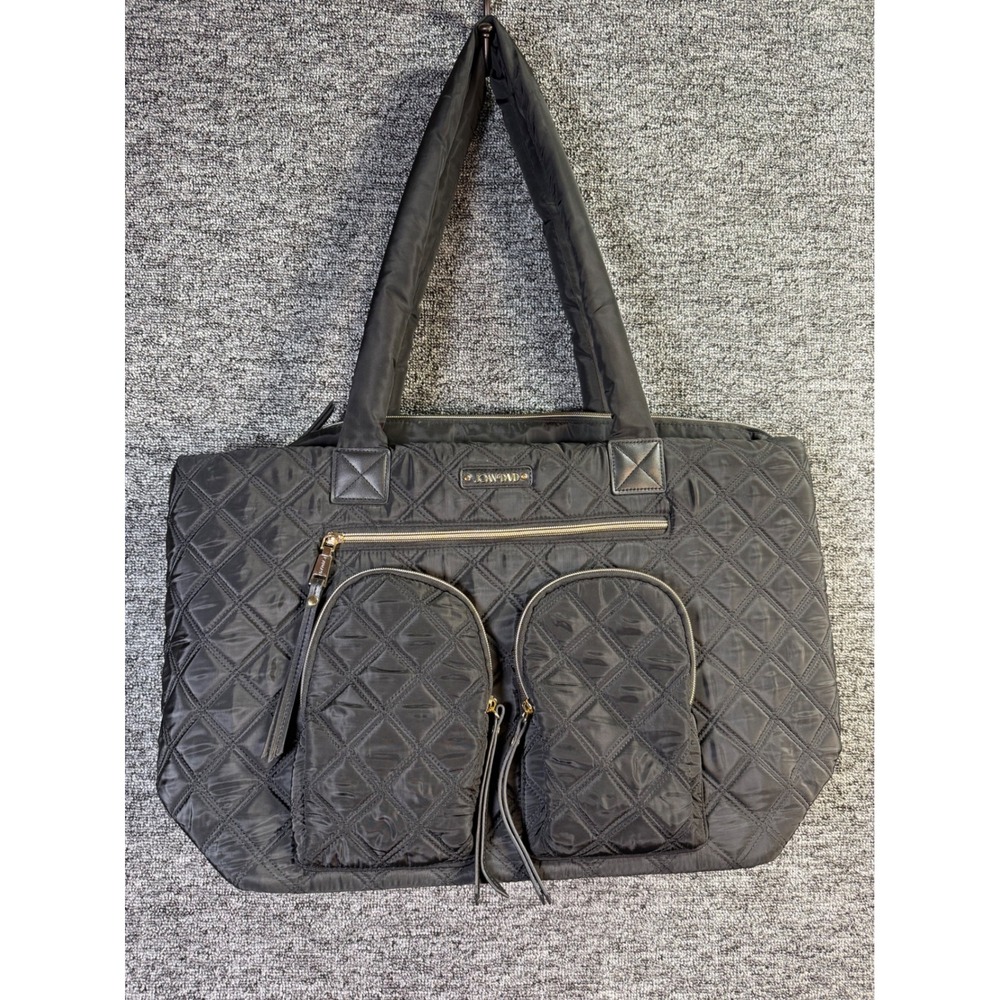 Joan & David Black Quilted Nylon Tote Bag Travel Carryall Gold Hardware - Picture 1 of 13